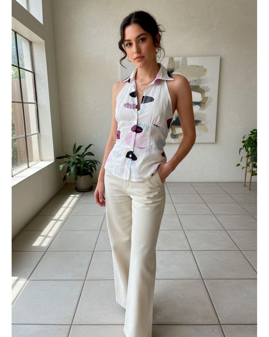 Conquista White Neutrals Polka Dot Halter Neck Top – Playful Elegance