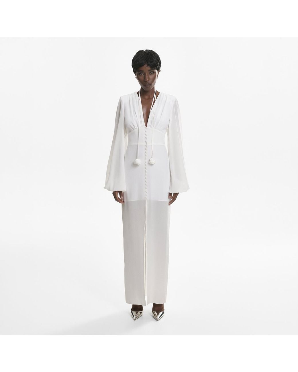 Lita Couture White Ample-Sleeve Maxi Silk Dress