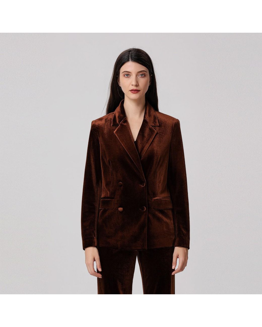 Smart and Joy Brown Double Breasted Velvet Suit Blazer