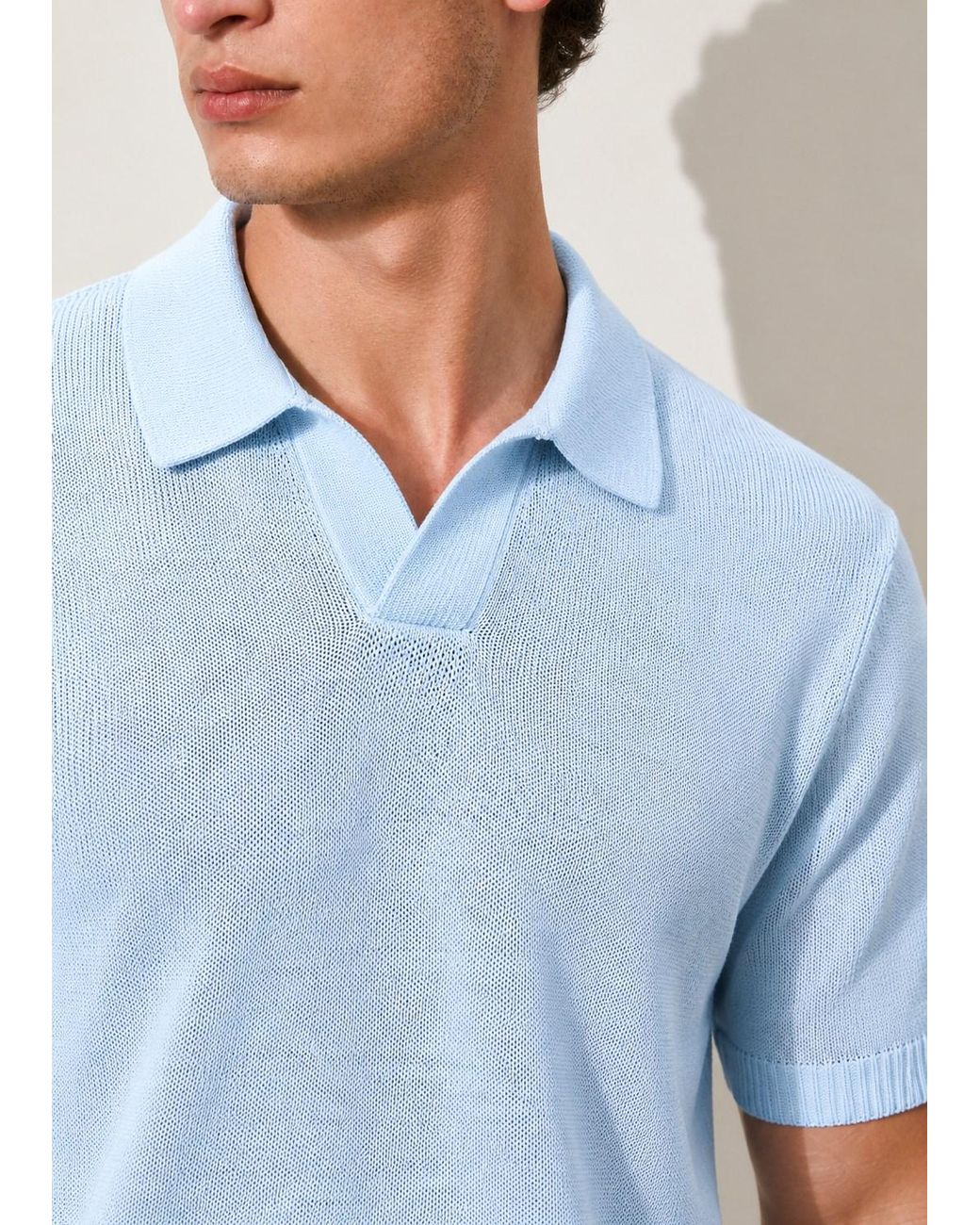 Vayla Blue Fine-Knit Relaxed Fit Open Collar Polo Shirt for men