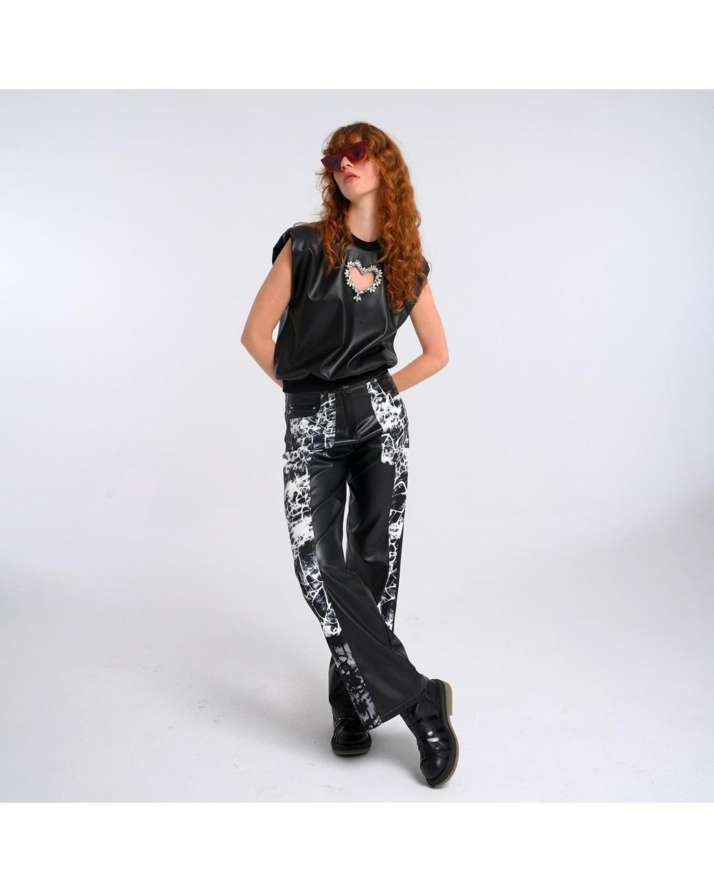Lalipop Design Black Wide-Leg Vegan Leather Pants Panelled With Abstract Print