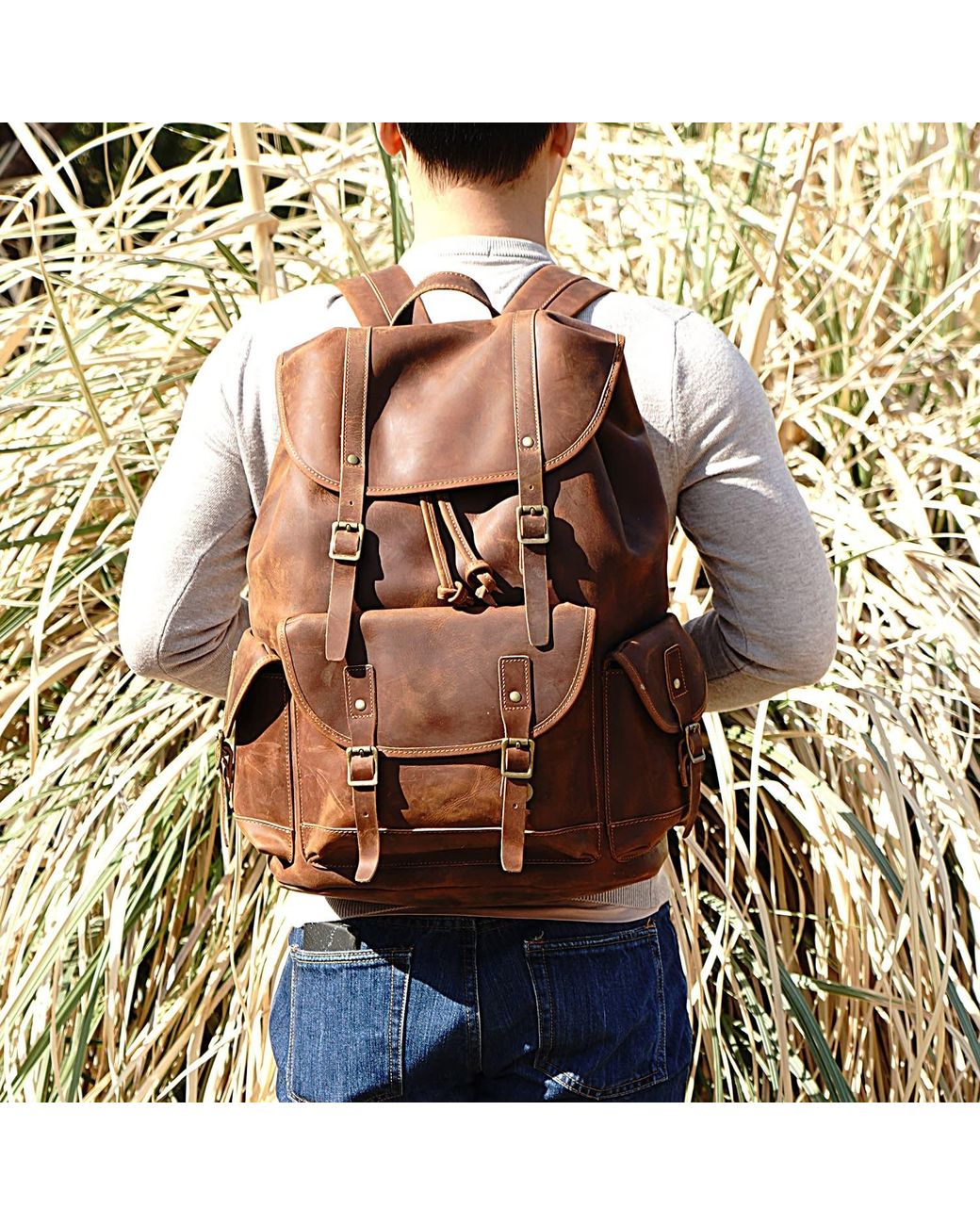 Touri Brown Military Style Leather Backpack for men