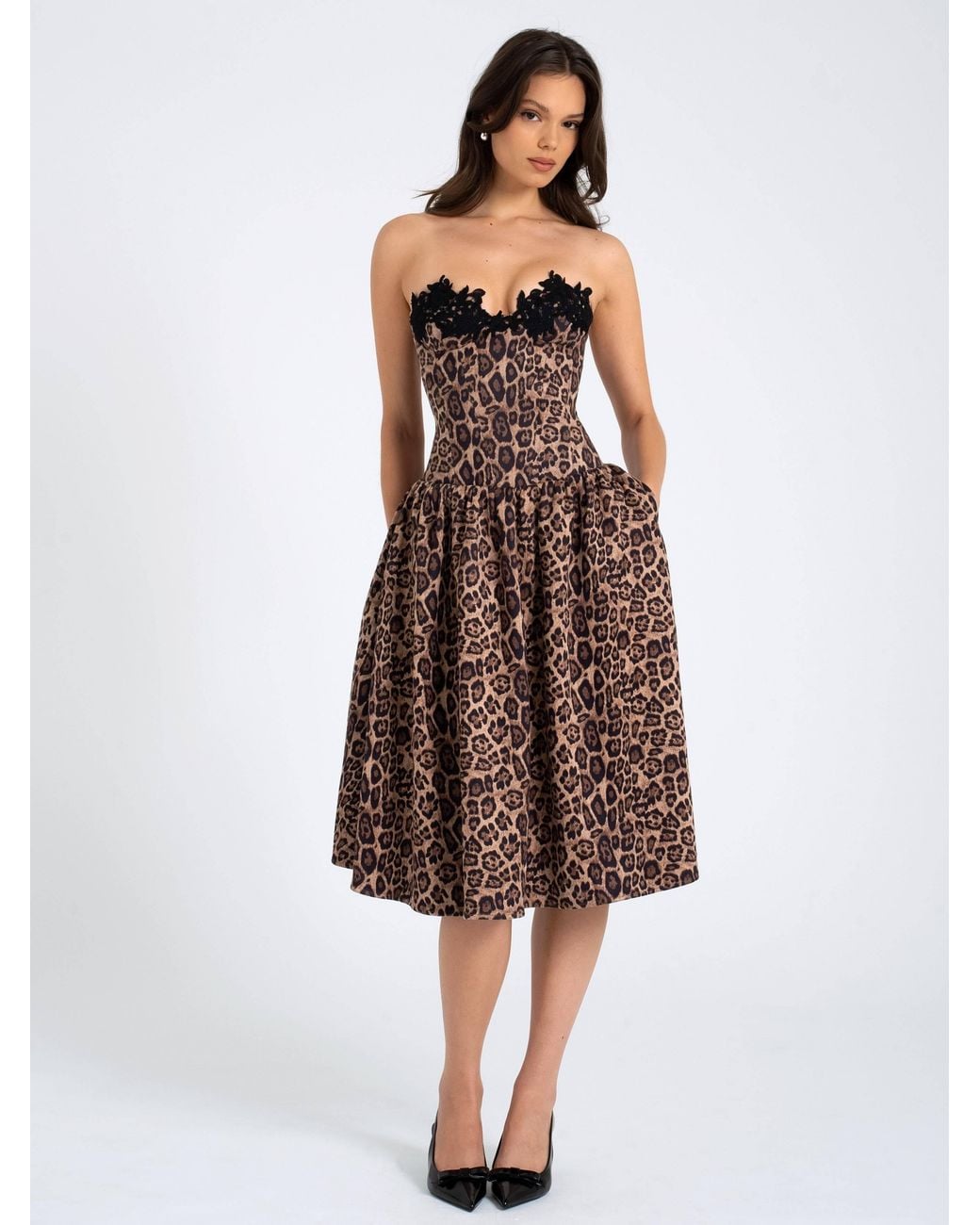 Miss Circle New York Brown Uchenna Cheetah Print Stretchy Strapless Midi Dress With Lace Trim