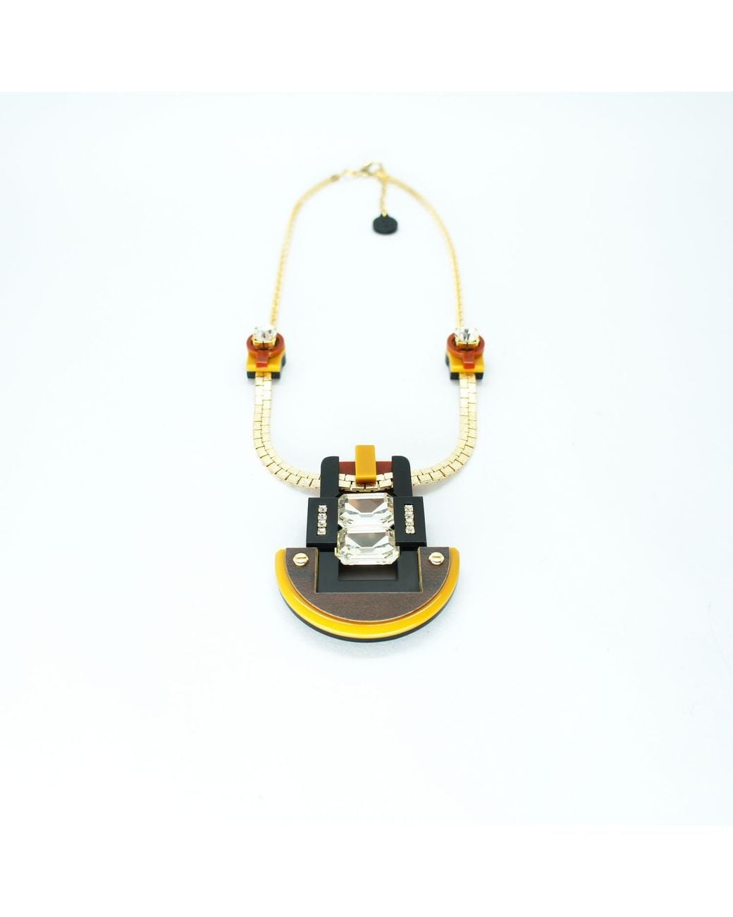 Gissa Bicalho White Handmade Acrylic Necklace Choker With Mirrored Rectangular Stone Mustard