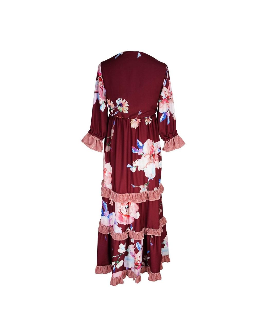 Jennafer Grace Red Plum Rose Velvet Ruffle Maxi Dress