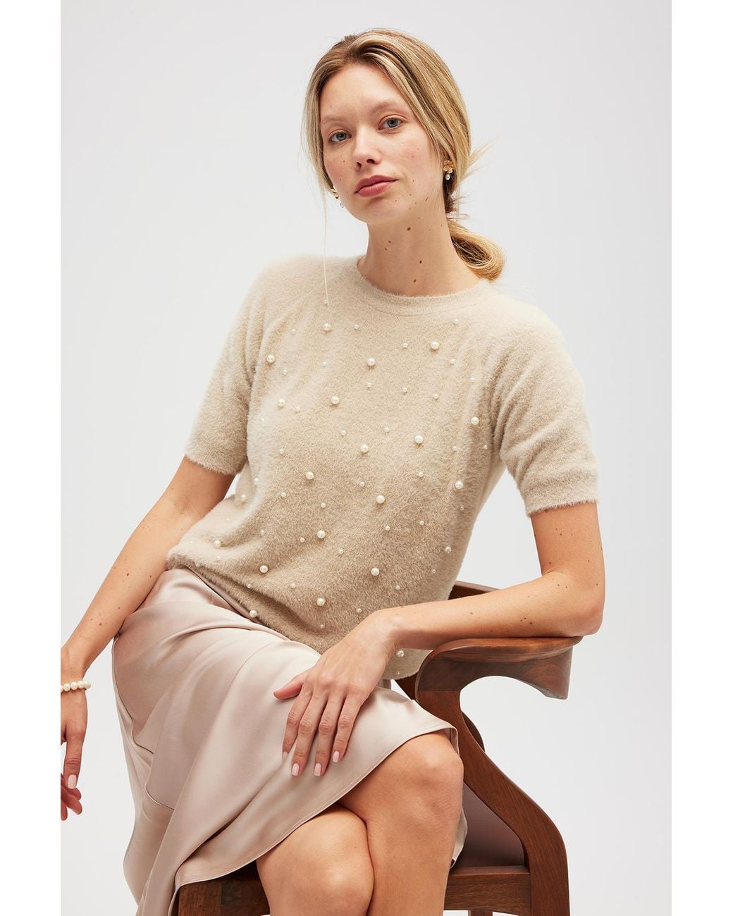Peraluna Natural Neutrals Emilia Pearl Embroidered Knit Fluffy Blouse