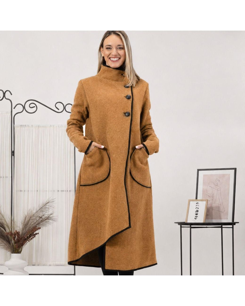 Nikka Place Brown Boiled Wool High Neck Cardigan With Pockets