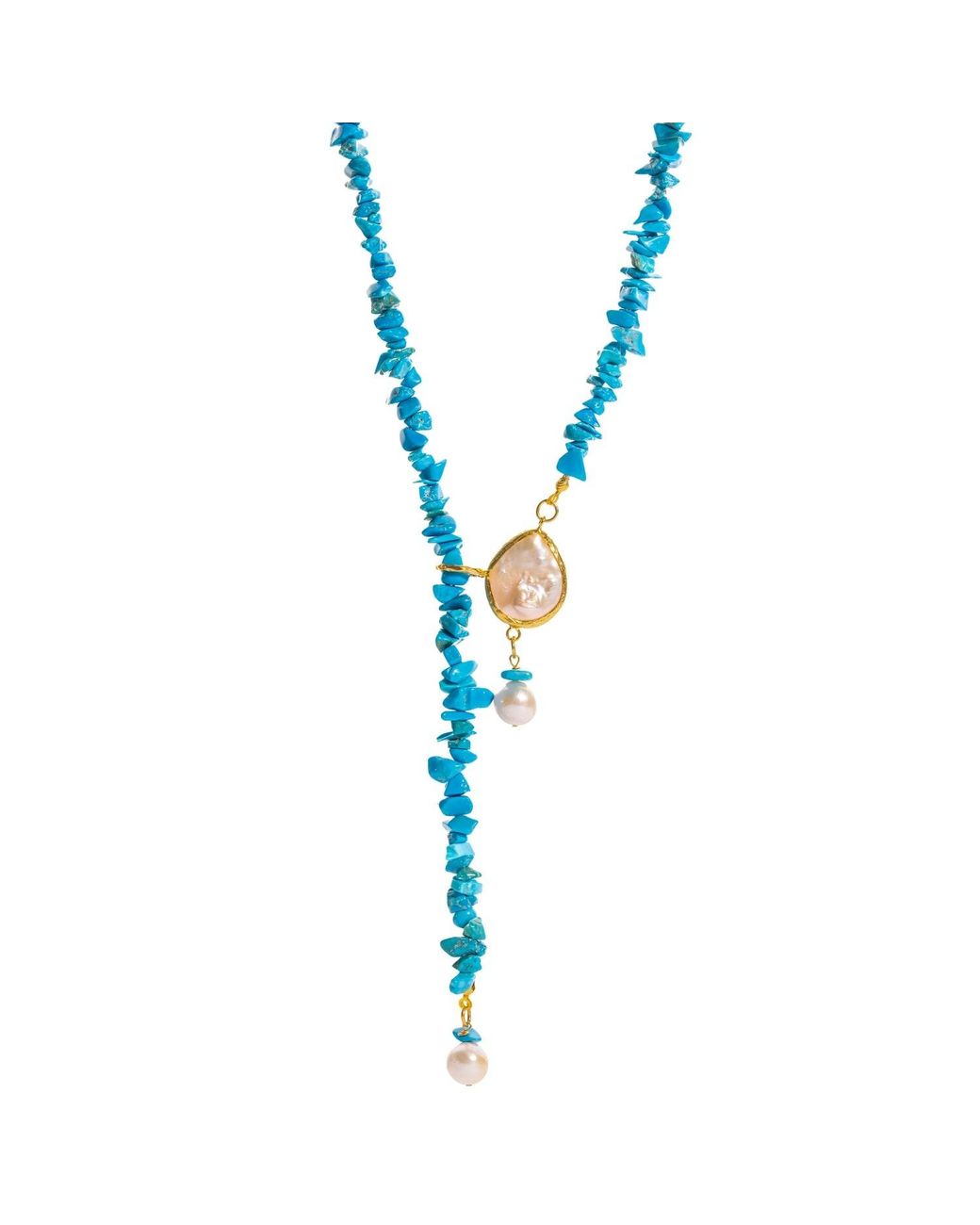 Ebru Jewelry Metallic Lariat Necklace With Baroque Pearls