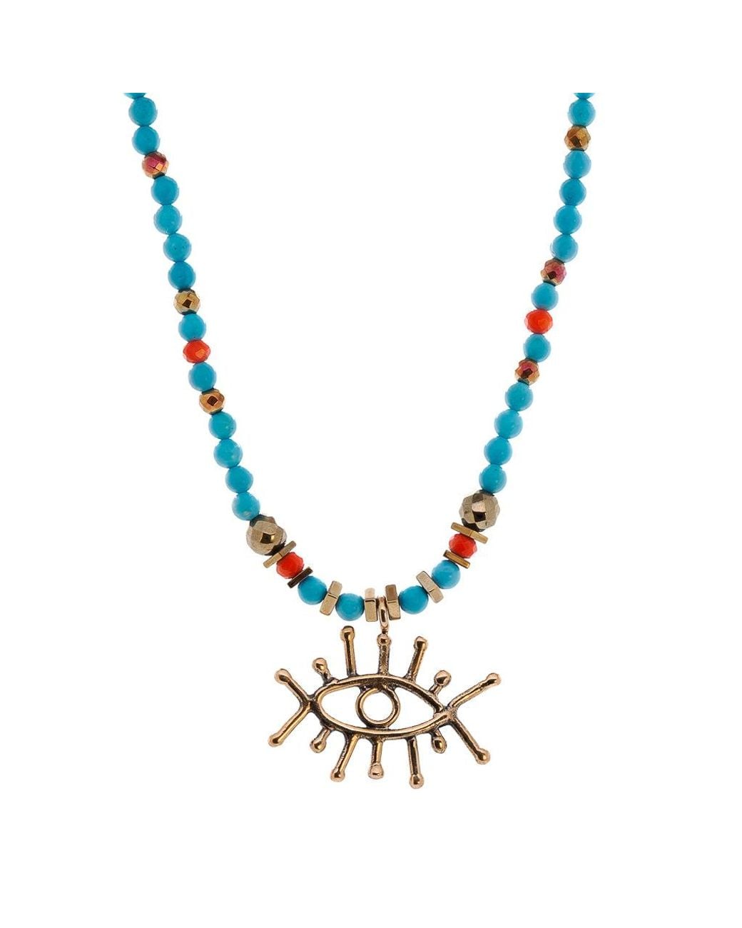 Ebru Jewelry Metallic Guardian Evil Eye Pendant Stone Beaded Necklace