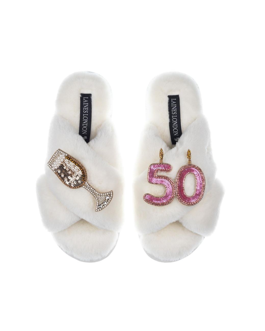 Laines London White Classic Laines Slippers With 50Th Birthday & Champagne Glass Brooches