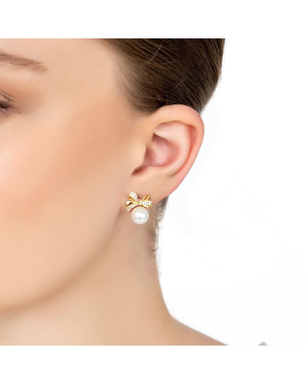 Latelita London Metallic Ribbon Bow Pearl Stud Earrings