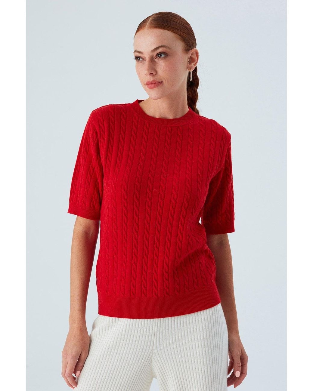 Peraluna Red Nicole Cable Knit Cashmere Blend Short Sleeve Blouse