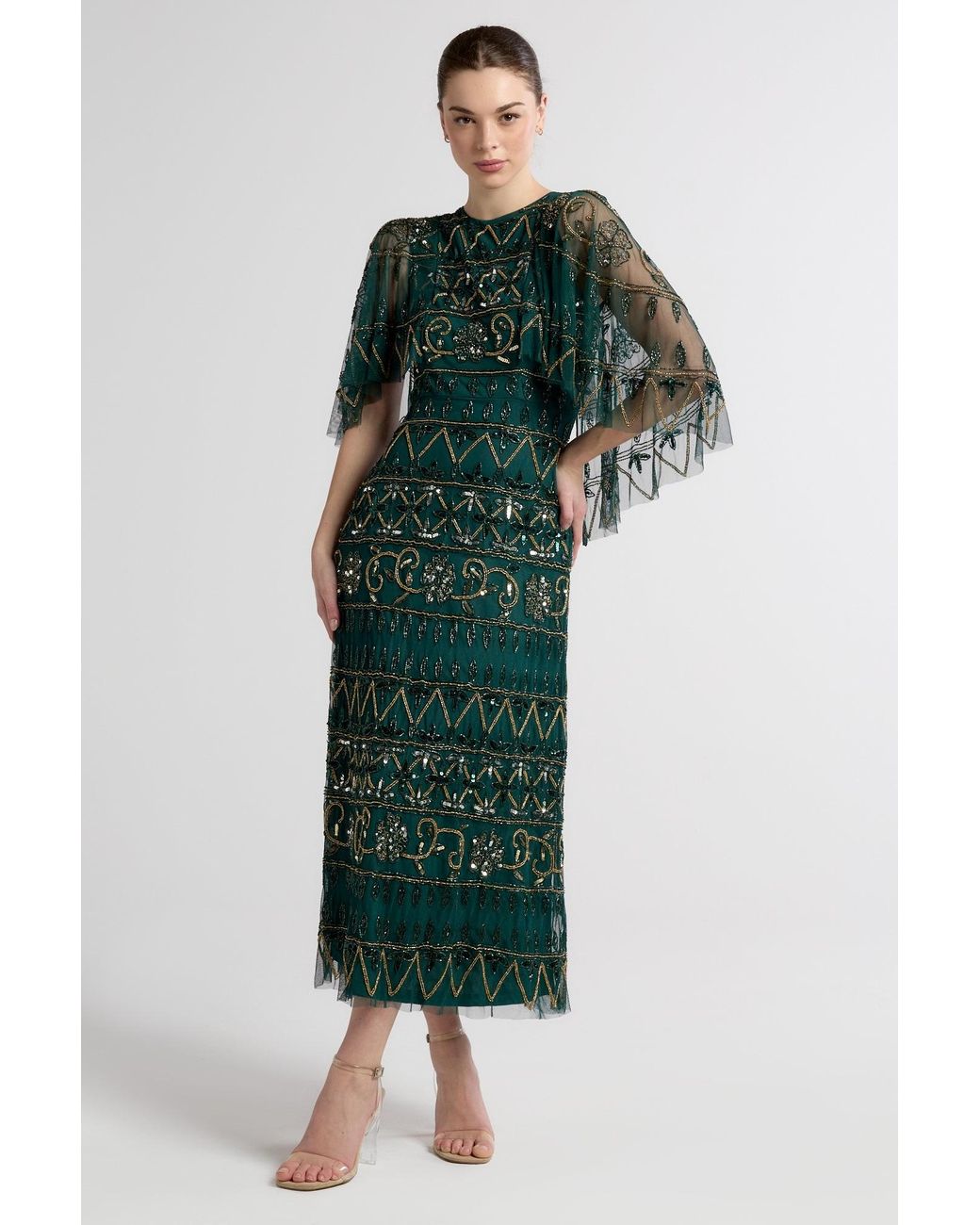 Frock and Frill Mahonia Rainforest Embellished Cape Sleeve Midaxi Dress in  Green | Lyst