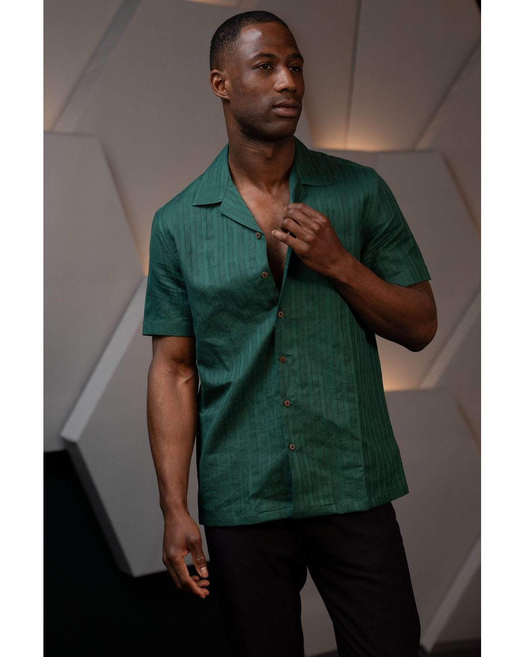 Stovaria Green Handwoven Hemp Camp Collar Shirt for men