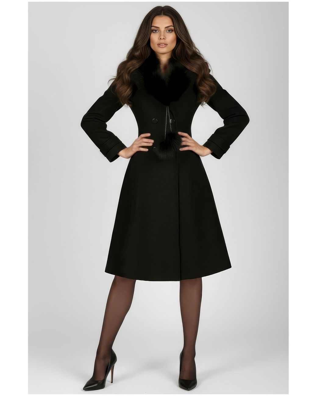 Luna Fashion House Black Wool Coat With Fur Collar, Lucy