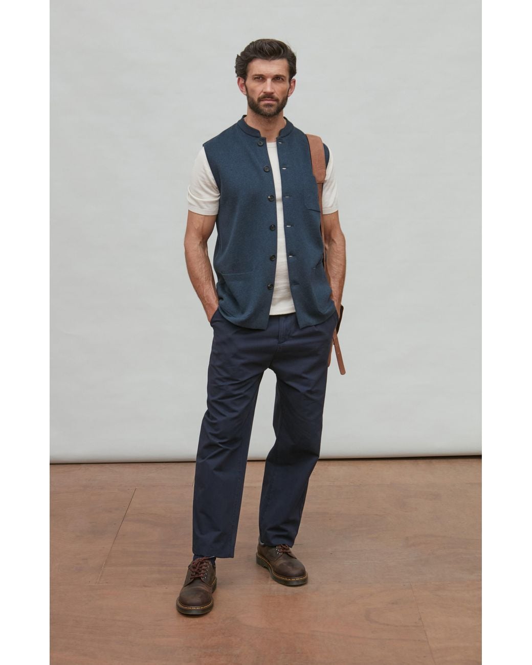 Paul James Knitwear Blue Midweight Cotton Cochin Knitted Nehru Waistcoat for men