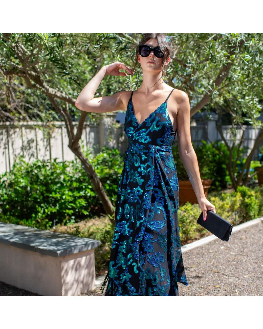 Jennafer Grace Blue Absinthia Fringe Faux Wrap Dress