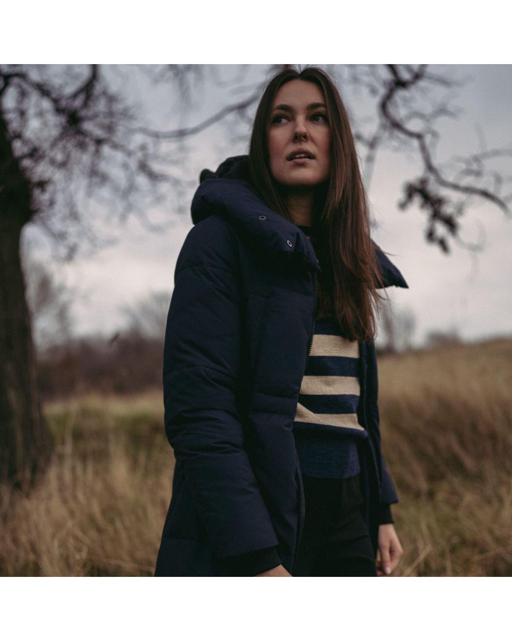 BEIRA Blue Alexis Longline Padded Puffa Coat With Cowl Hood Dark