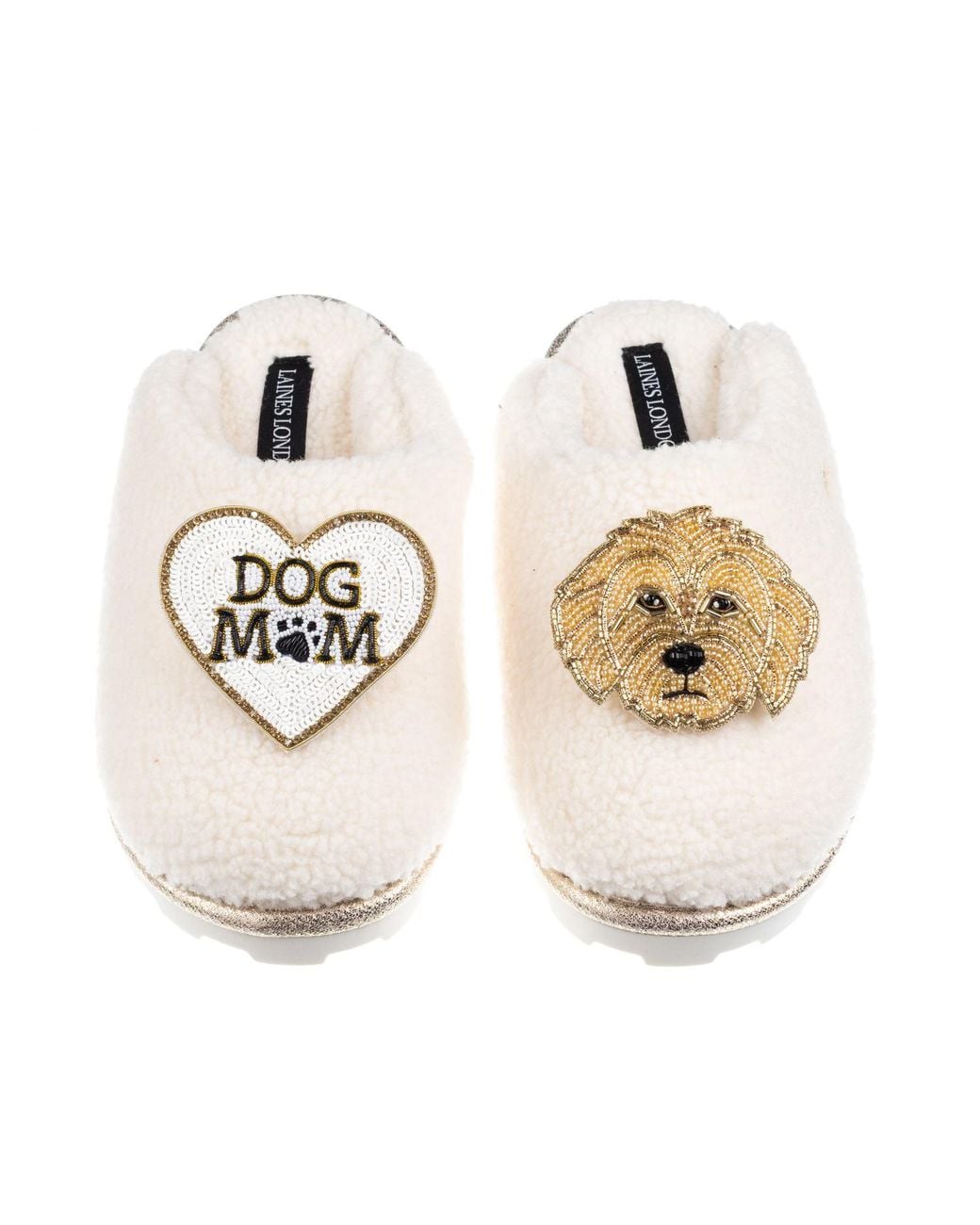 Laines London Metallic Neutrals Teddy Closed Toe Slippers With Dog Mum Mom & Golden Cockapoo Brooches