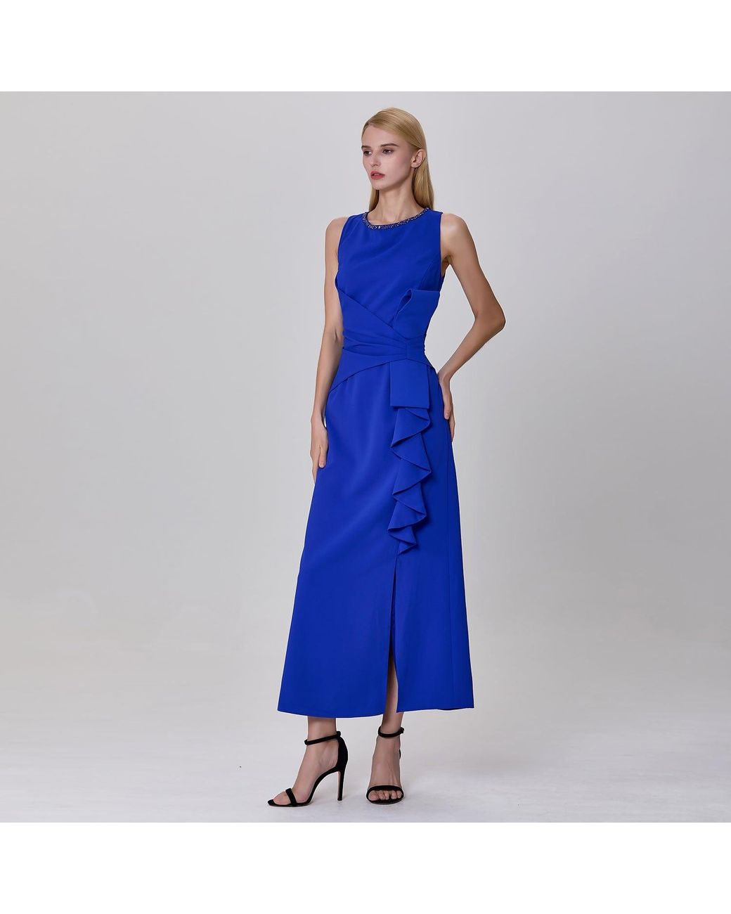 Smart and Joy Blue Asymmetric Ruffle Panel Dress