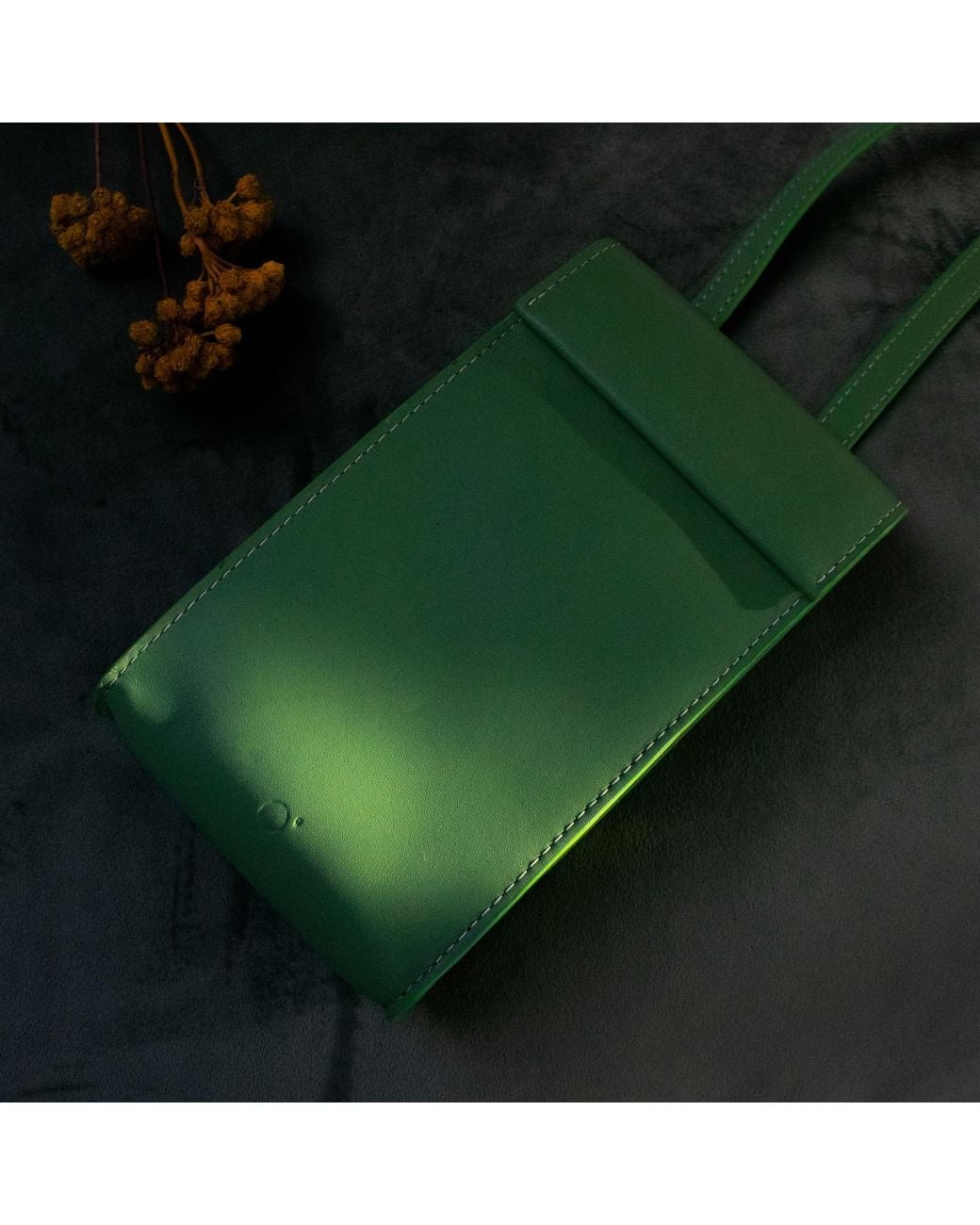 godi. Green Handmade Adjustable Leather Phone Bag With Pocket
