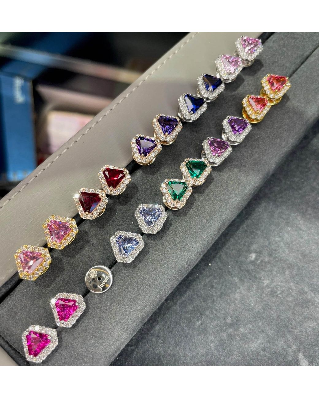 Juvetti Red Diana Ruby Triangle Cut & Diamond Halo Stud Earrings