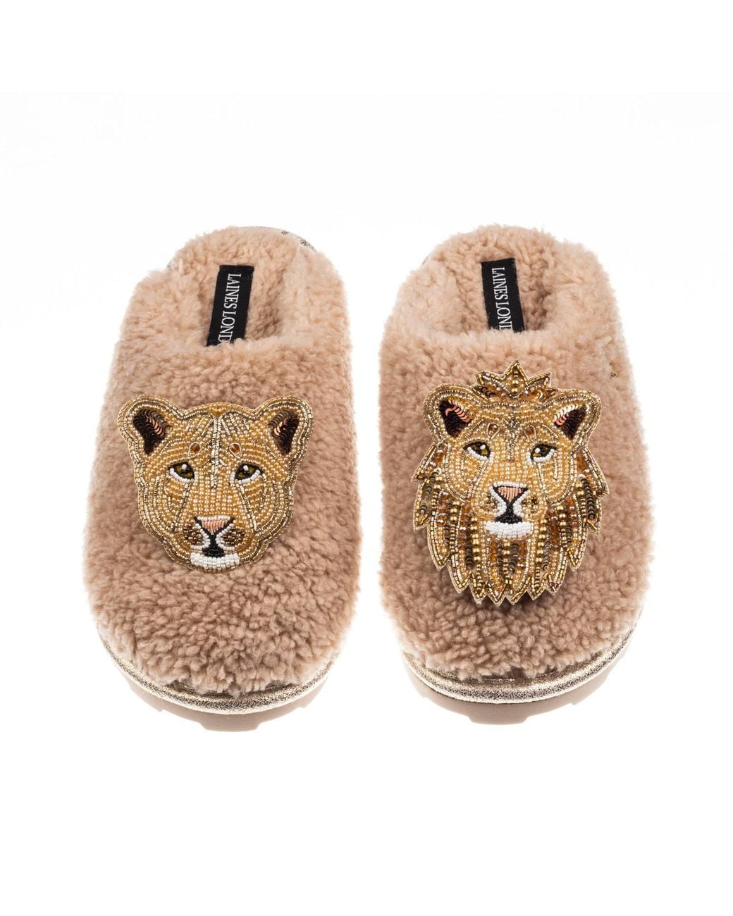 Laines London Natural Neutrals Teddy Closed Toe Slippers With Lion & Lioness Brooches