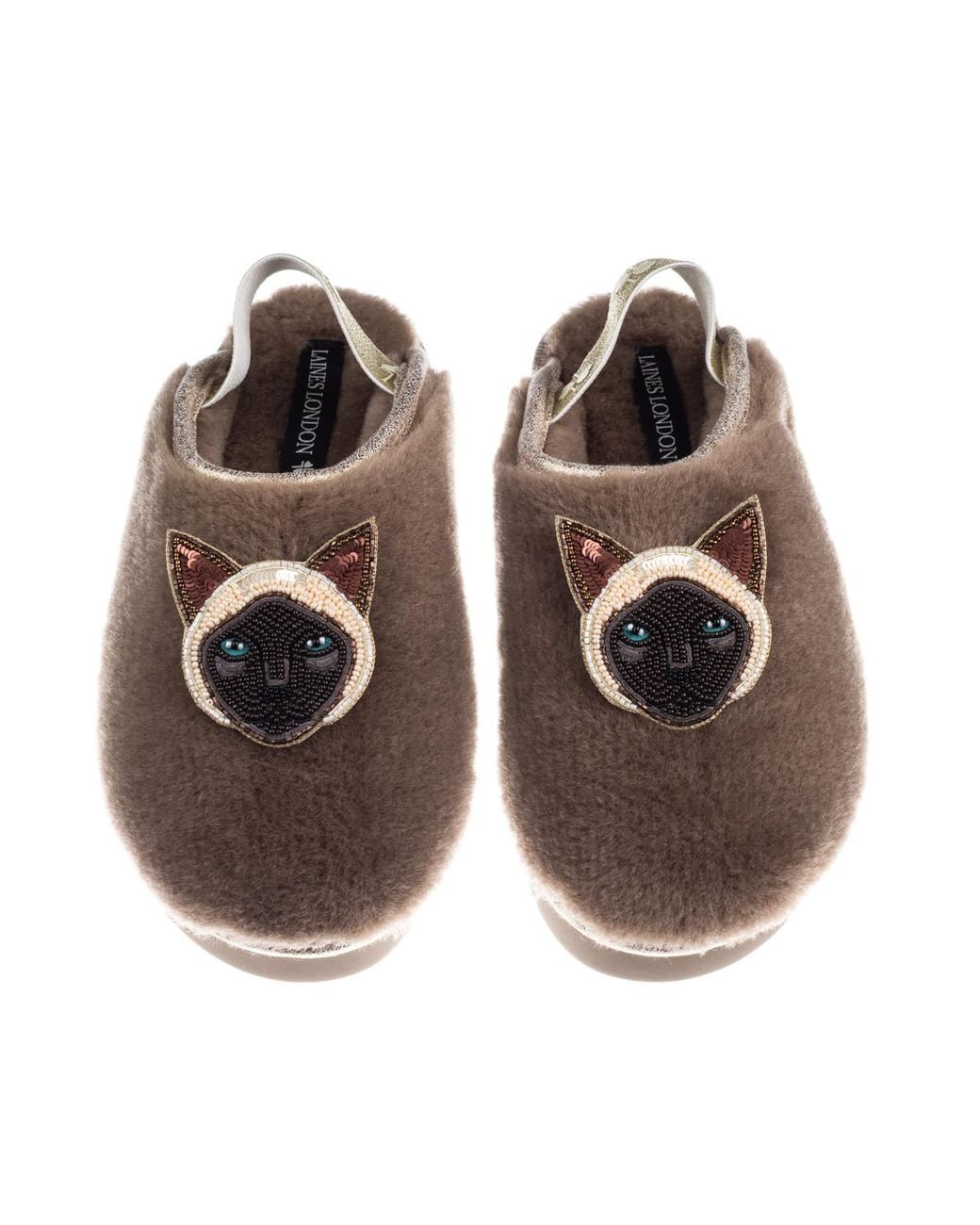 Laines London Brown Neutrals Flatform Cloud Slippers With Double Siamese Cat Brooches