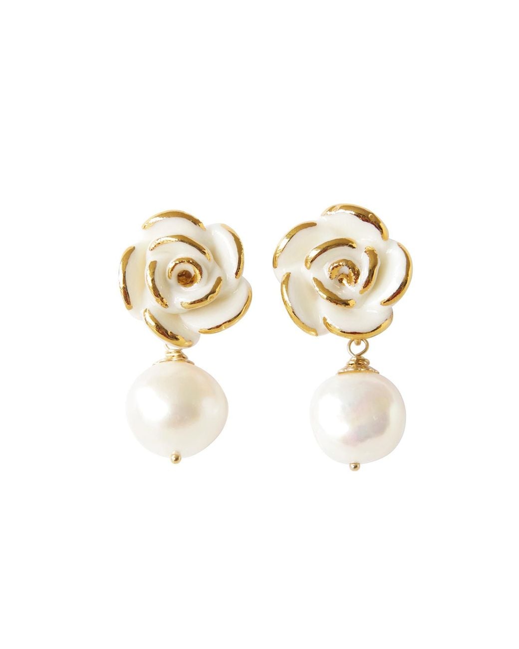 POPORCELAIN Metallic Golden White Cloud Rose Pearl Drop Earrings