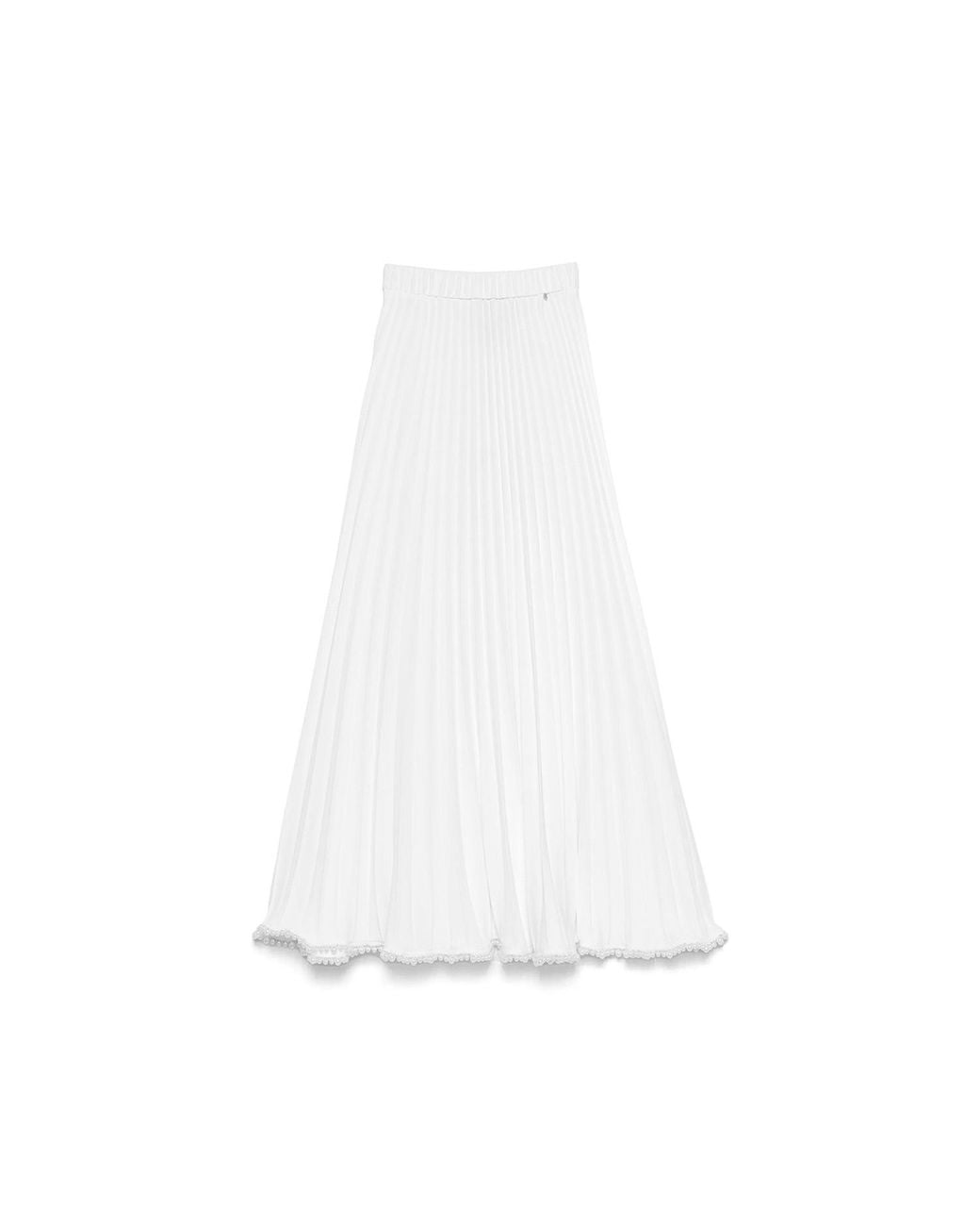 Nissa White Pearl-Trim Pleated Midi Skirt