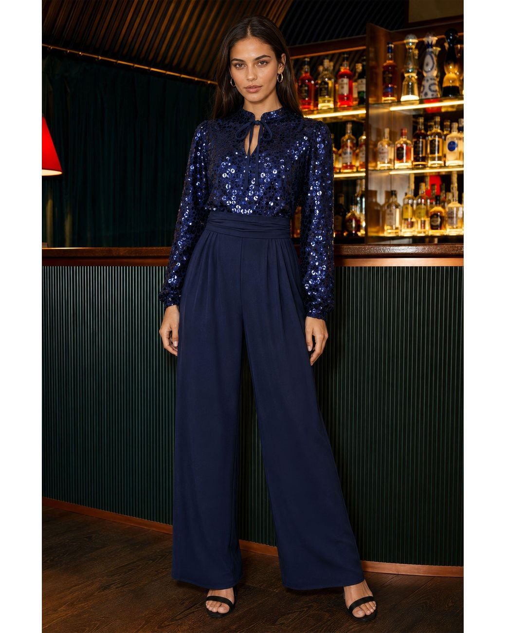 Yumi' Blue Long Sleeve Sequin Jumpsuit