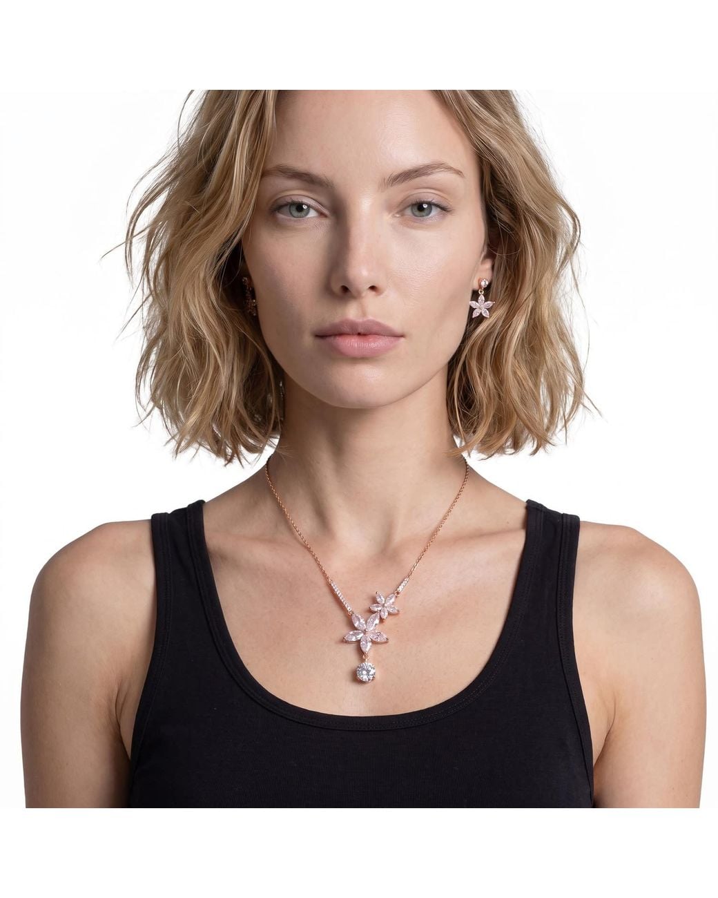 Modenaire Metallic Flower Crystal Necklace Earrings Set