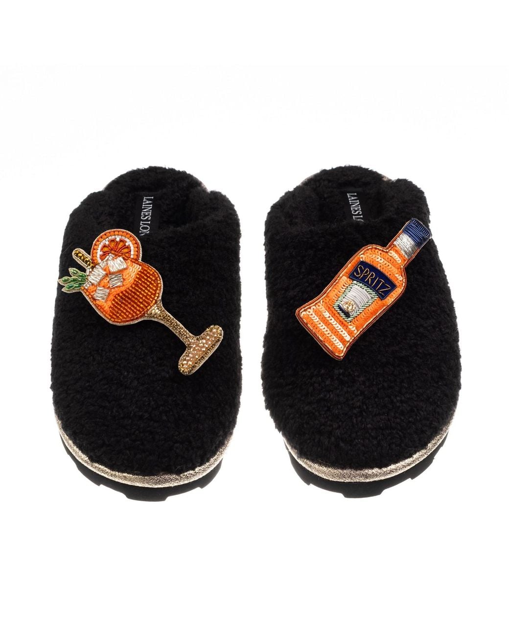 Laines London Black Teddy Closed Toe Slippers With Summer Spritzer Brooches