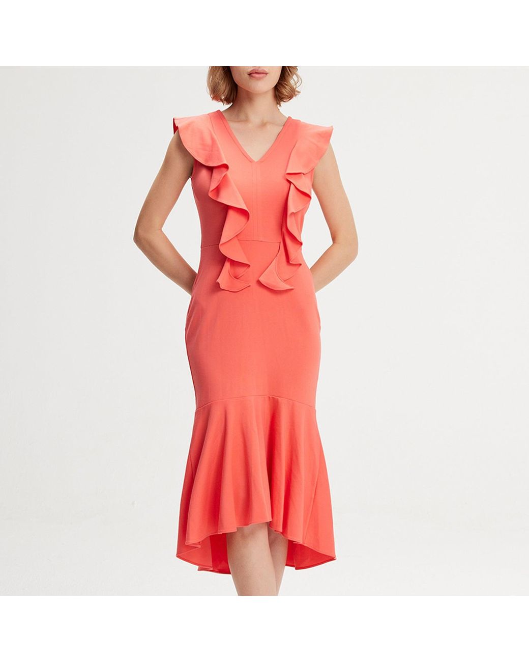 Smart and Joy Red Jersey Dress With Wide Ruffles