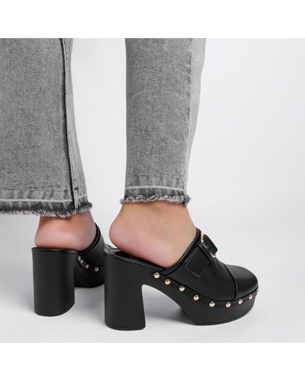 Rag & Co Black Septim Genuine Leather Studded Clog Heels
