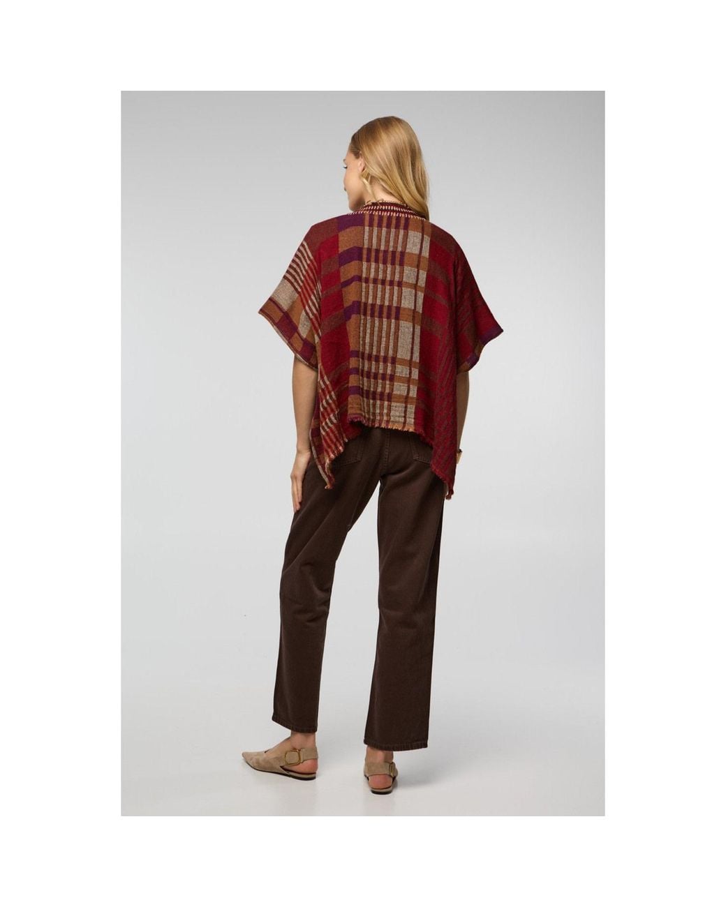 Saachi Red Crochet Trim Plaid Knit Poncho