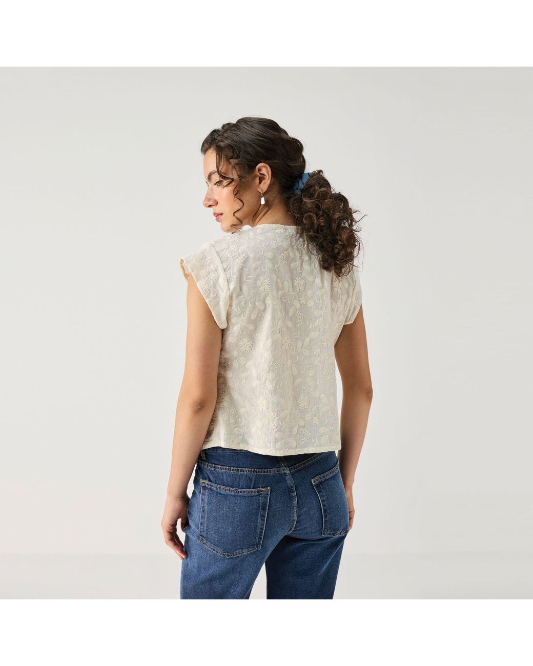 REISTOR Natural Embroidered Deep V Neck Top