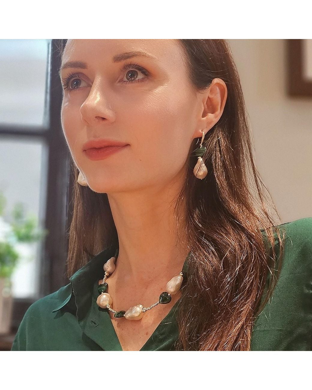 Farra Blue Baroque Pearls With Heart Shaped Malachite Necklace