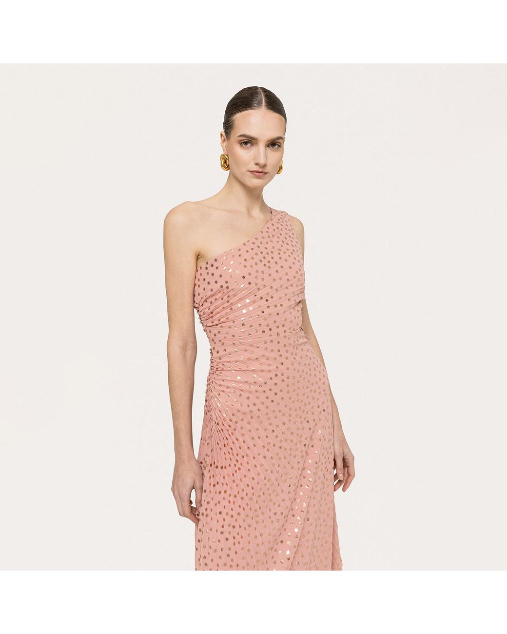 Nissa Pink Metallic Dot Pleated Midi Dress