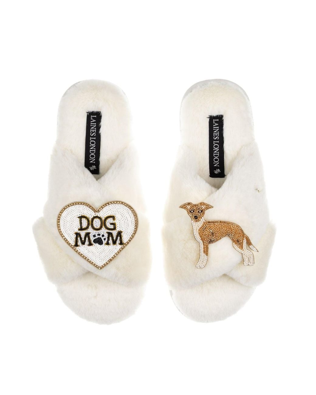 Laines London Metallic Neutrals Classic Slippers With Dog Mum/Mom & Fawn & Italian Greyhound Brooches