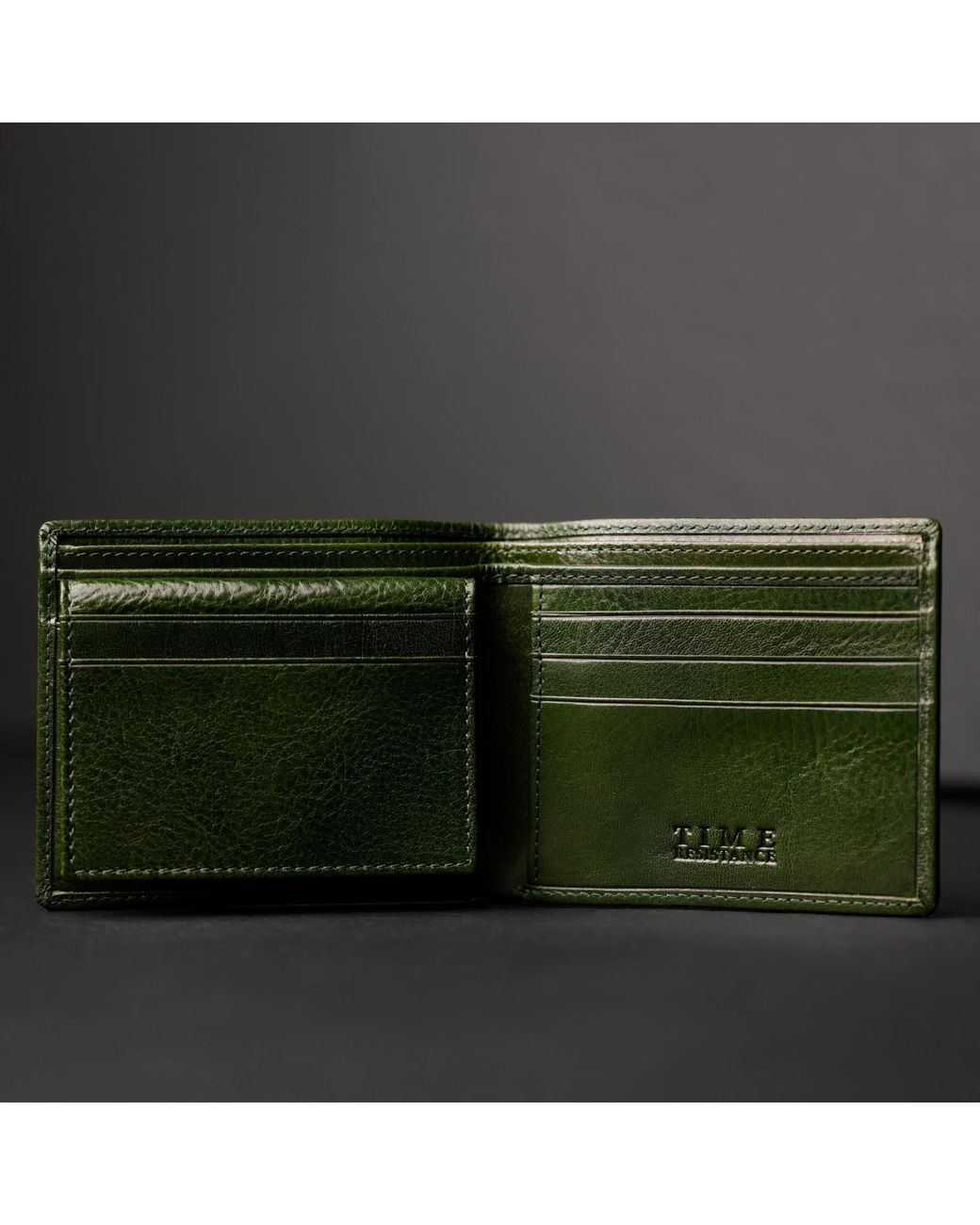 Time Resistance Green Leather Bifold Wallet for men