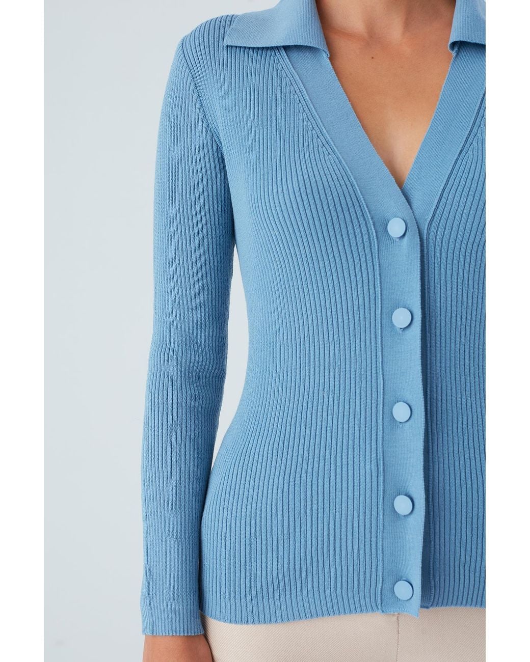 Peraluna Blue Polo V-Neck Ribbed Knit Cardigan