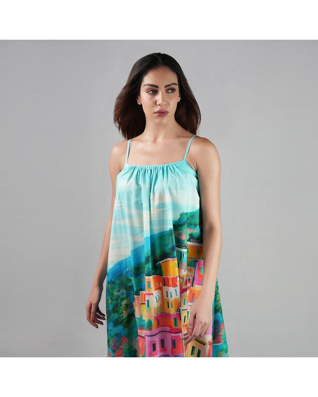 DHARA SHETH DUBAI Blue La Dolce Riviera Mediterranean Print Cotton Maxi Dress With Pockets