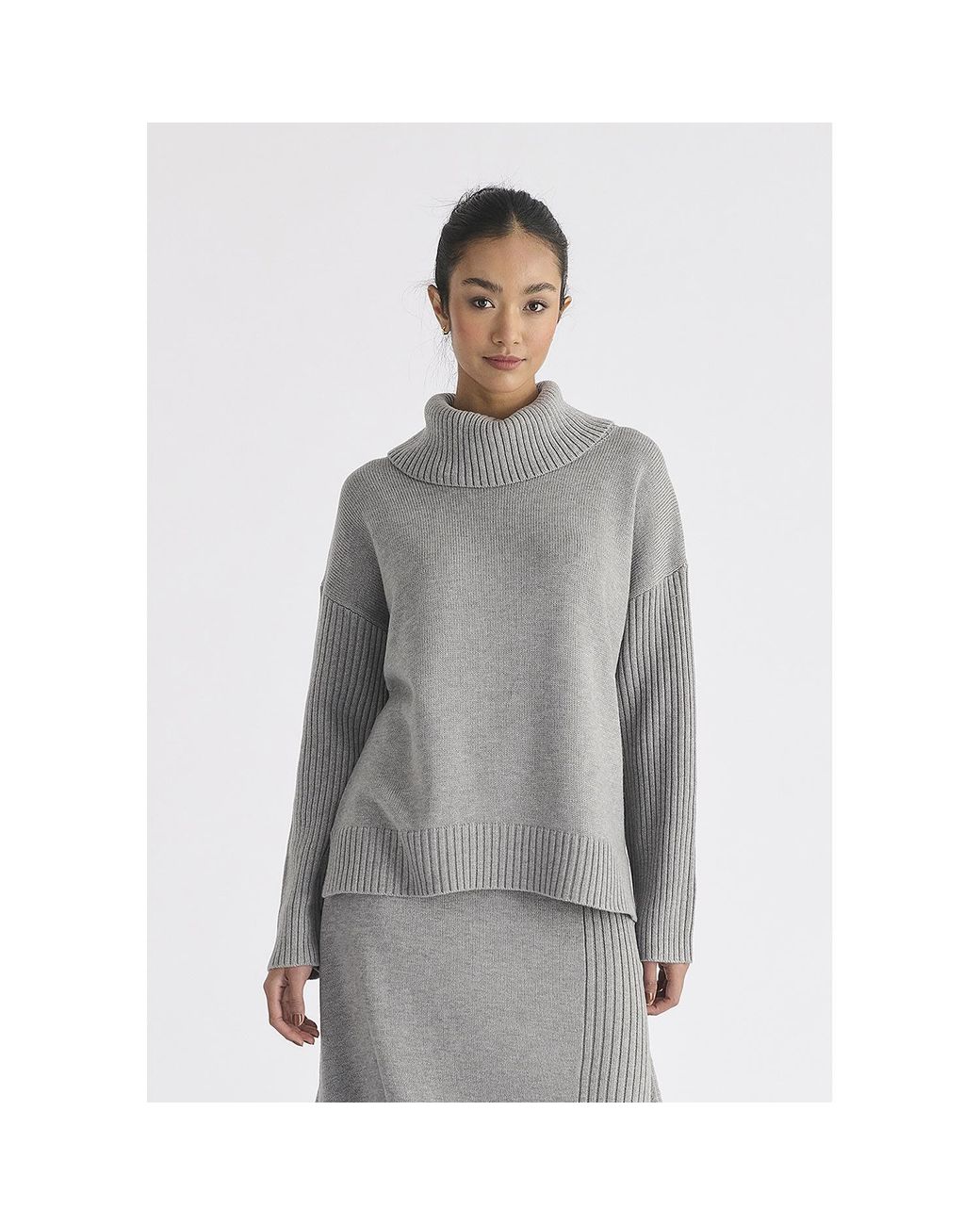 Paisie Gray Polo Neck Jumper With Ribbed Details