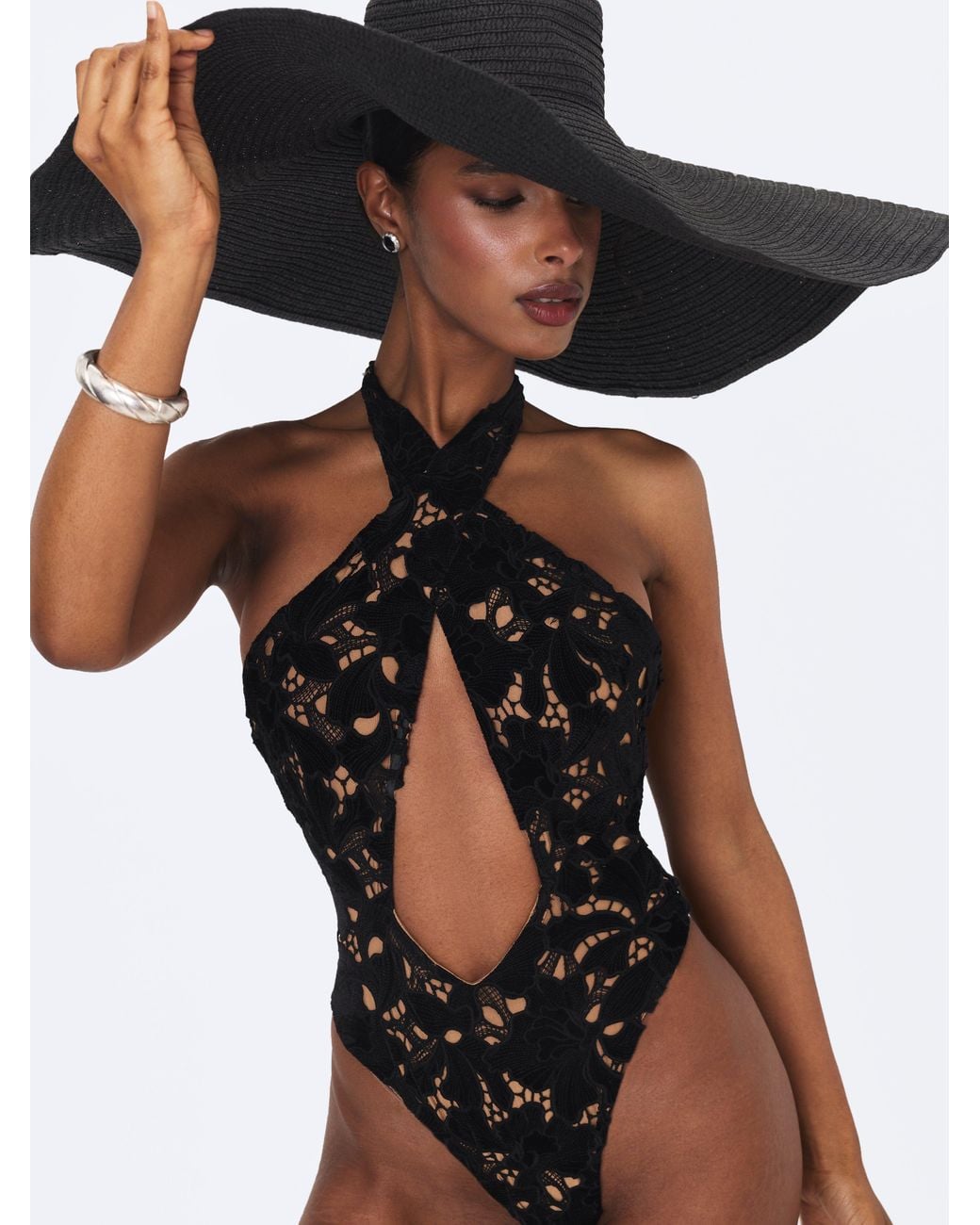 Miss Circle New York Black Breanna Velvet Lace Crossover Halter Swimsuit