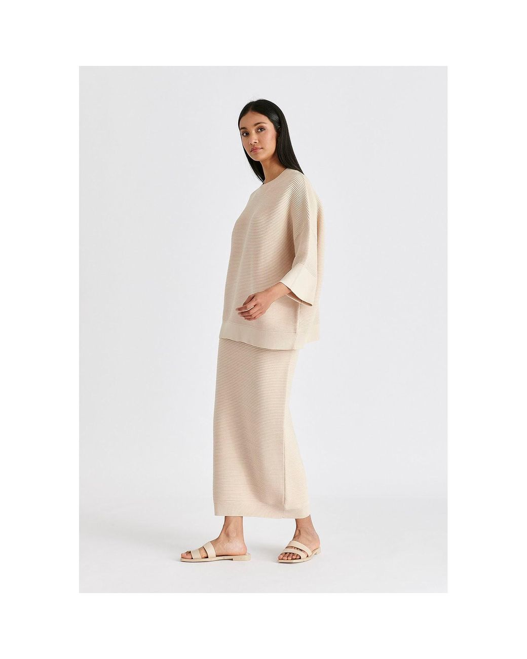 Paisie Natural Neutrals Ribbed Midi Skirt