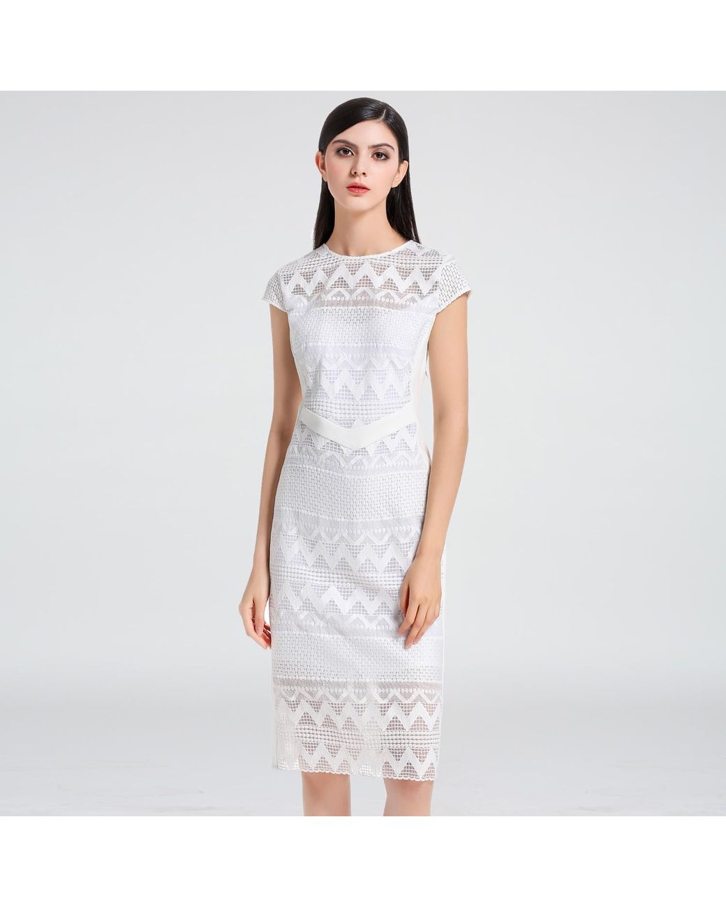 Smart and Joy White Tailor Cap Sleeves Lace Dress