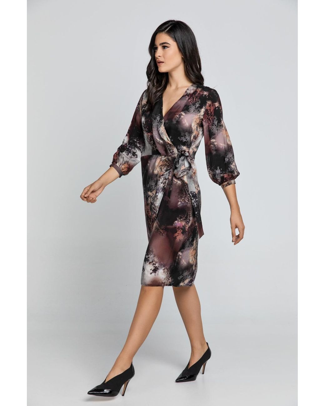 Conquista Brown Print Wrap Dress