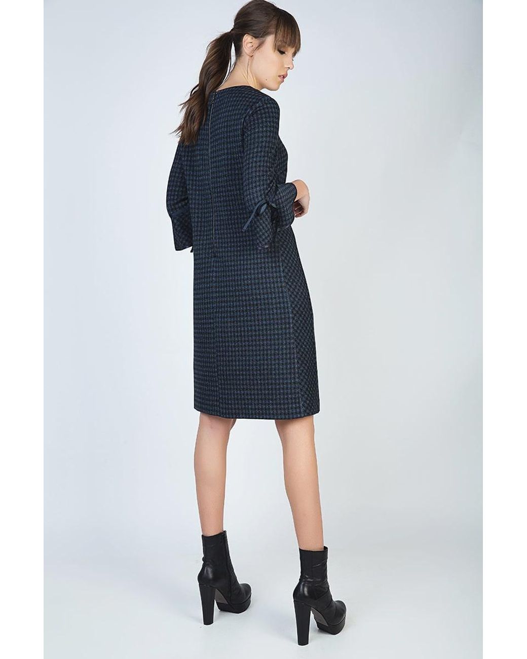 Conquista Blue Bell Sleeve Straight Check Dress
