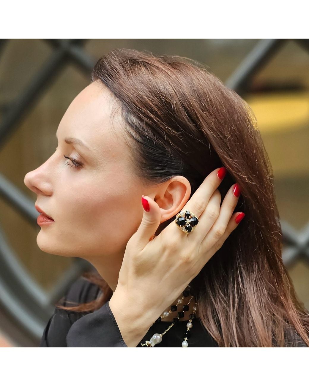 Farra Black Agate With Zircon Statement Adjustable Ring